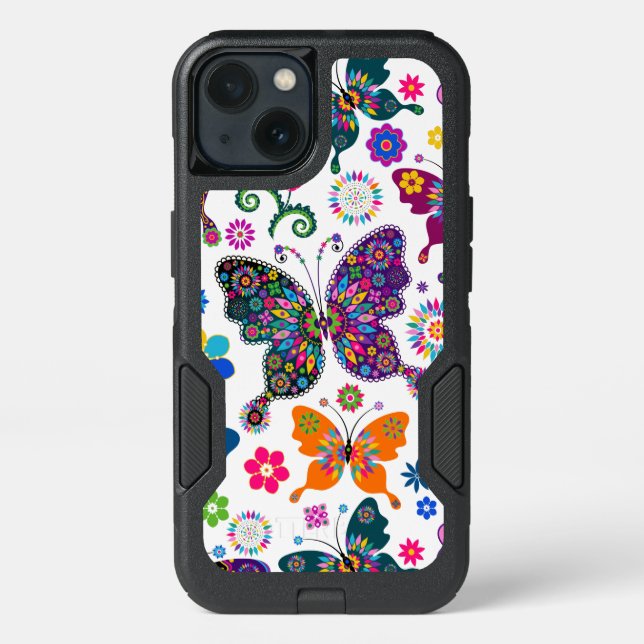 Colorful Butterflies & Flowers Retro Pattern Otterbox iPhone Case (Back)