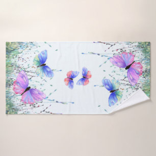 Colorful Butterflies Flying in Nature - Spring  Bath Towel Set