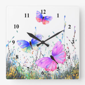 Colorful Butterflies Flying in Nature - Spring Joy Square Wall Clock