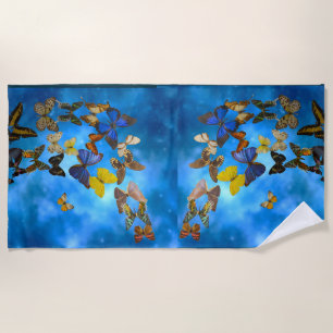 Colorful Butterflies Flying over Blue Clouds Beach Towel