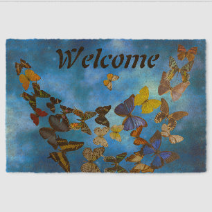 Colorful Butterflies Flying over Blue Clouds Fiber Doormat