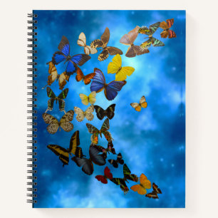 Colorful Butterflies Flying over Blue Clouds Notebook