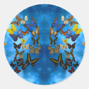 Colorful Butterflies Flying Over Blue Clouds Rug Classic Round Sticker