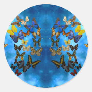 Colorful Butterflies Flying Over Blue Clouds Rug Classic Round Sticker