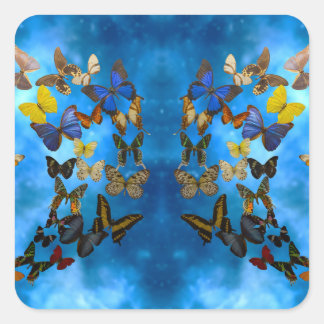 Colorful Butterflies Flying Over Blue Clouds Rug Square Sticker
