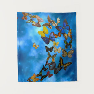 Colorful Butterflies Flying over Blue Clouds Tapestry