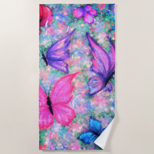 Colorful Butterflies Flying - Spring - Drawing Beach Towel