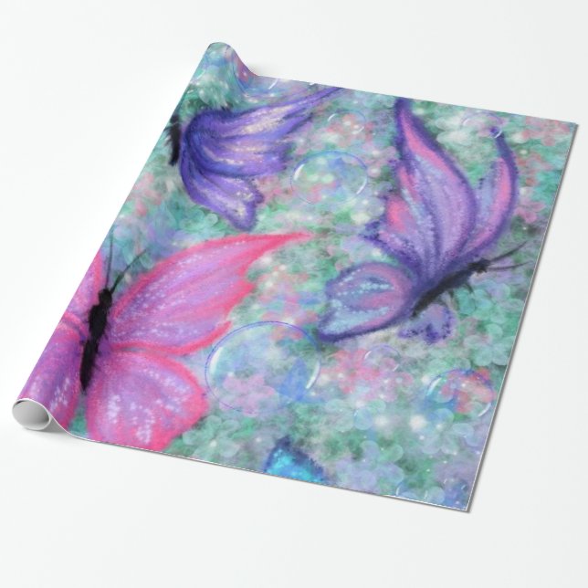 Colorful Butterflies Flying Wrapping Paper (Unrolled)