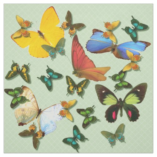 Colorful Butterflies Green Background Pattern Fabric