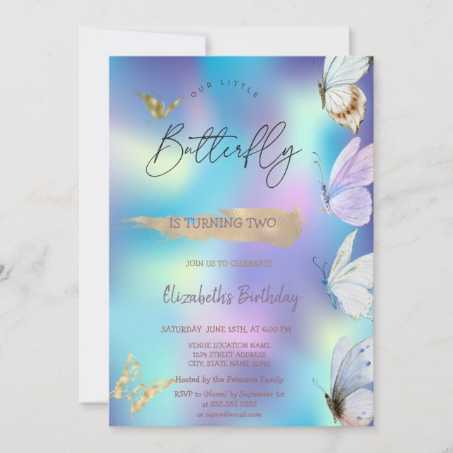 Colorful Butterflies Holographic Birthday  Invitation (Front)