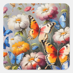 Colorful butterflies in garden square sticker