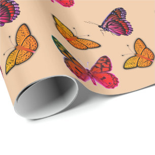 colorful  butterflies in peach wrapping paper