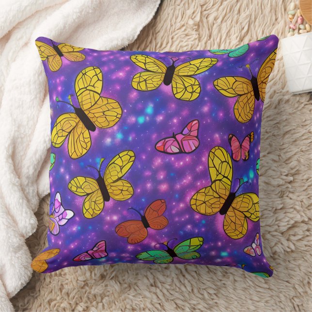 Colorful Butterflies & Neon Fireflies Throw Pillow (Blanket)
