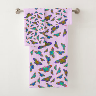 Colorful butterflies on baby Pink - customizable Bath Towel Set