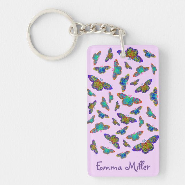 Colorful butterflies on baby pink  keychain (Front)