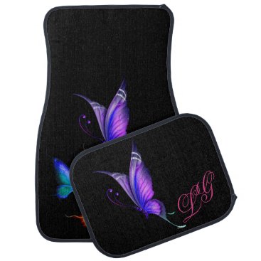Colorful Butterflies on Black w/Monogram Car Floor Mat