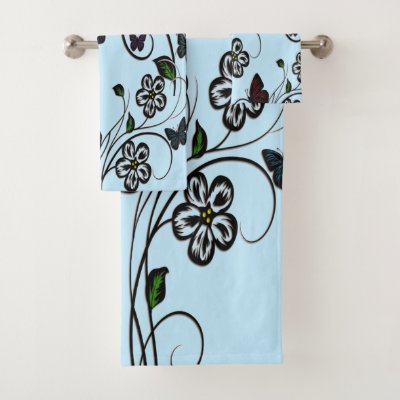 Colorful Butterflies on Blue Flowers Bath Towel Set