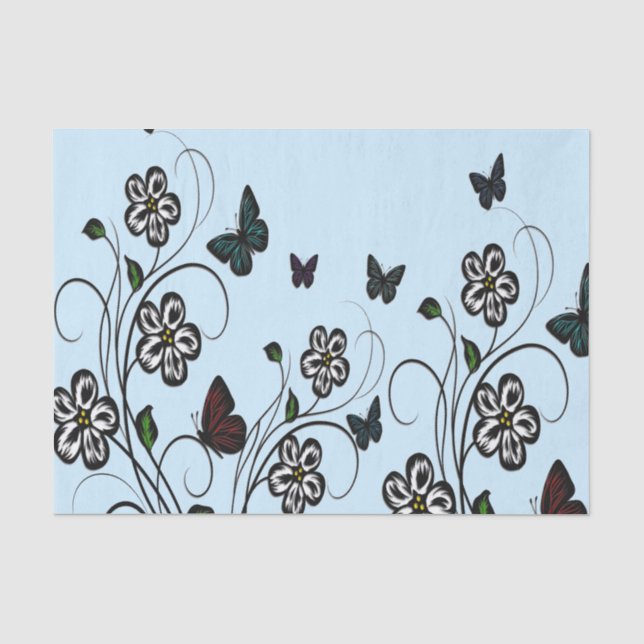 Colorful Butterflies on Blue Flowers Tissue Paper (Front)