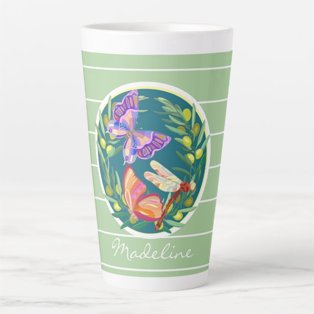 Colorful butterflies on green, personalized latte mug (Front)