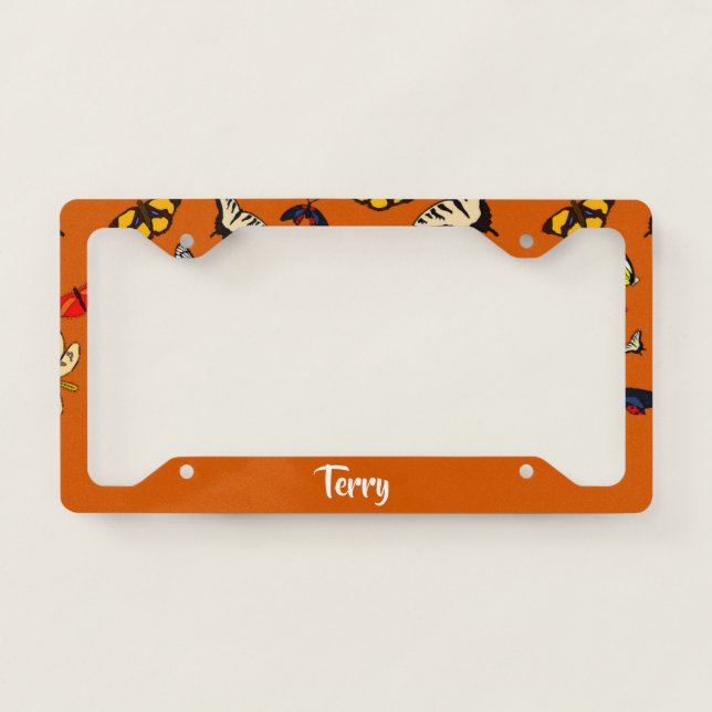 Colorful butterflies on orange license plate frame (Front)