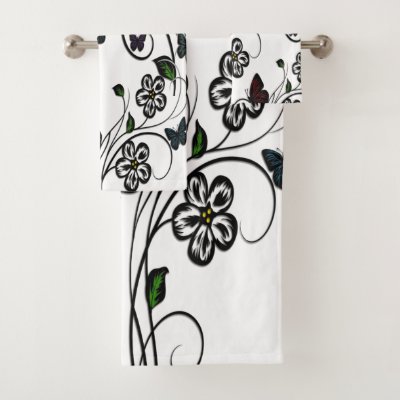 Colorful Butterflies on White Flowers Bath Towel Set