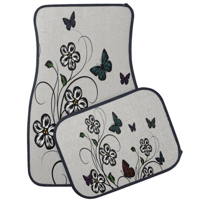 Colorful Butterflies on White Flowers Car Floor Mat (Set)