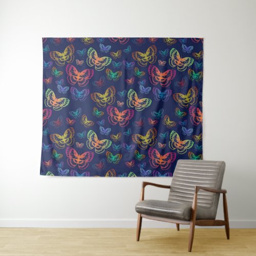 Colorful Butterflies Pattern Blue Tapestry