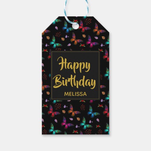Colorful Butterflies Pattern on Black Birthday Gift Tags