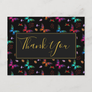 Colorful Butterflies Pattern on Black Party Thanks Postcard