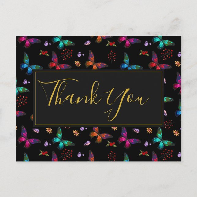 Colorful Butterflies Pattern on Black Party Thanks Postcard (Front)