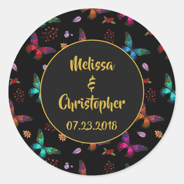Colorful Butterflies Pattern on Black Wedding Classic Round Sticker (Front)