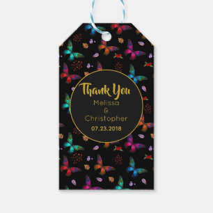 Colorful Butterflies Pattern on Black Wedding Gift Tags