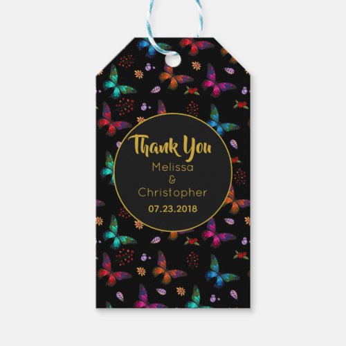 Colorful Butterflies Pattern on Black Wedding Gift Tags