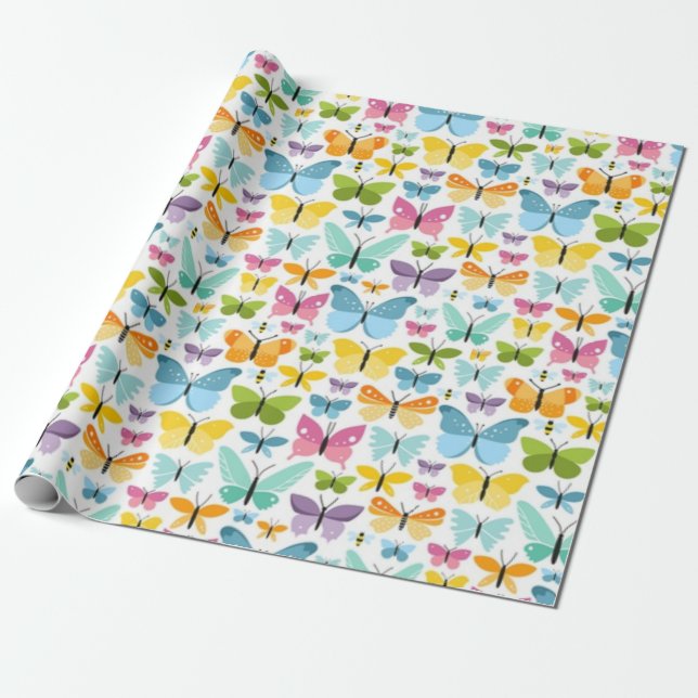 Colorful Butterflies Pattern Wrapping Paper (Unrolled)
