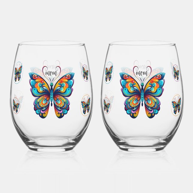 Colorful Butterflies | Personalized  Stemless Wine Glass (Front)