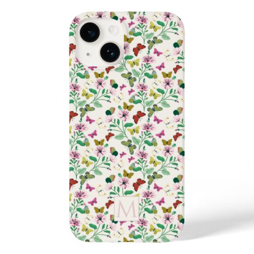 Colorful Butterflies Pink Flowers Cream Botanical Case-Mate iPhone 14 Case
