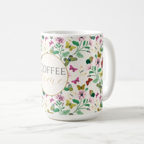 Colorful Butterflies Pink Flowers Cream Botanical Coffee Mug