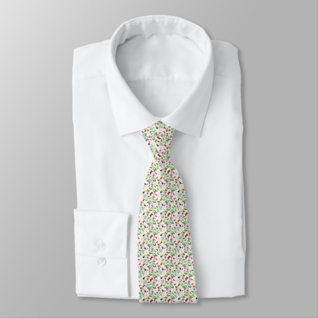 Colorful Butterflies Pink Flowers Cream Botanical Neck Tie (Tied)