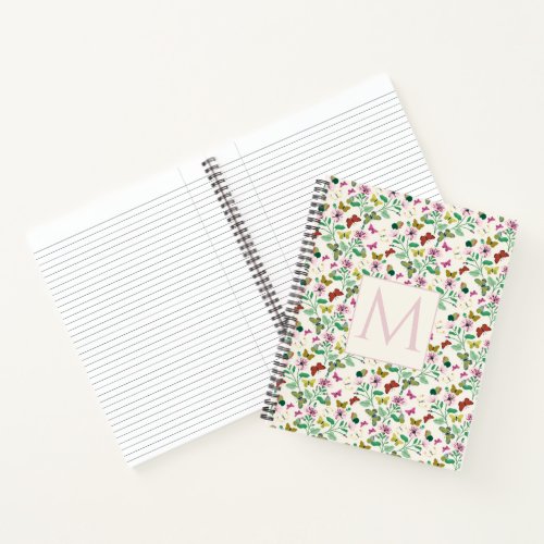 Colorful Butterflies Pink Flowers Cream Botanical Notebook