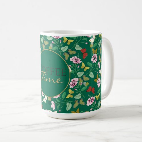 Colorful Butterflies Pink Flowers Green Botanical Coffee Mug