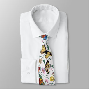 Colorful Butterflies Pink Flowers & Green Leaves Neck Tie