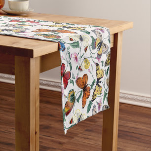 Colorful Butterflies Pink Flowers & Green Leaves Short Table Runner
