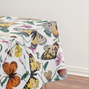 Colorful Butterflies Pink Flowers & Green Leaves Tablecloth