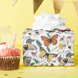 Colorful Butterflies Pink Flowers & Green Leaves Wrapping Paper