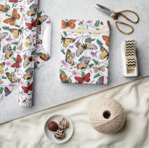 Colorful Butterflies Pink Flowers & Green Leaves Wrapping Paper