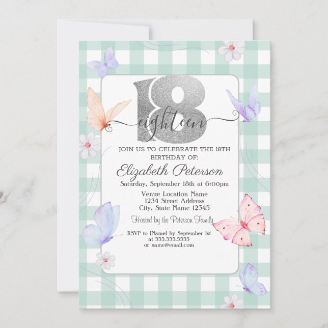 Colorful Butterflies Plaid 18th Birthday Invitation (Front)