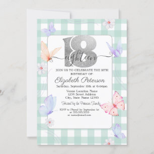 Colorful Butterflies Plaid 18th Birthday Invitation