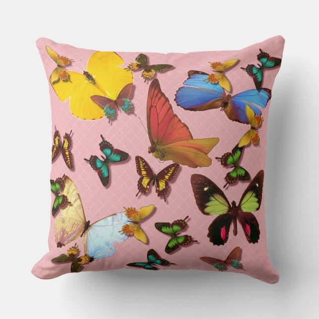 Colorful Butterflies Throw Pillow Pink Background (Front)