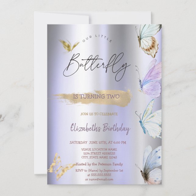Colorful Butterflies Violet Metallic Birthday  Invitation (Front)