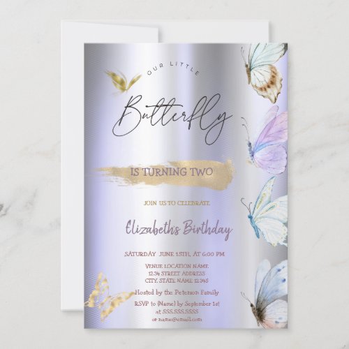 Colorful Butterflies Violet Metallic Birthday  Invitation